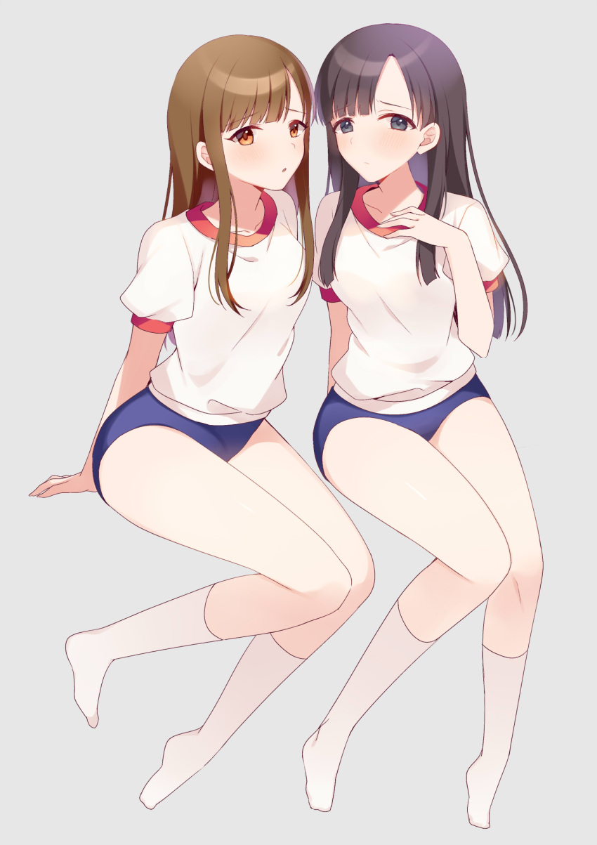 2girls arm_support black_eyes black_hair blue_buruma blunt_bangs blush breasts brown_eyes brown_hair buruma closed_mouth collarbone full_body grey_background gym_shirt hand_up highres idolmaster idolmaster_cinderella_girls idolmaster_cinderella_girls_starlight_stage invisible_chair kobayakawa_sae konase_(non_stop!) long_hair looking_at_viewer medium_breasts mizumoto_yukari multiple_girls open_mouth shirt short_sleeves shy simple_background sitting socks white_shirt white_socks