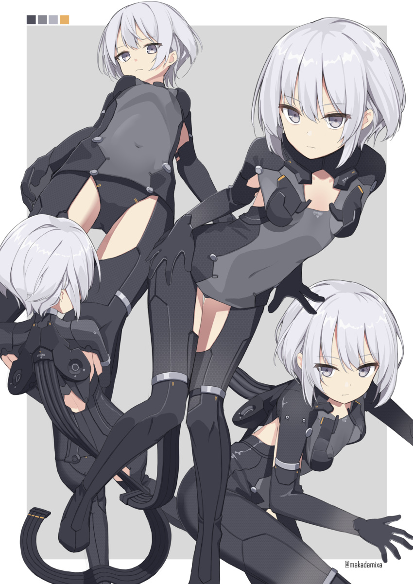 1girl black_bodysuit bodysuit breasts closed_mouth color_guide commentary_request covered_navel grey_background grey_eyes grey_hair highres makadamixa mecha_musume multiple_views original small_breasts twitter_username two-tone_background white_background