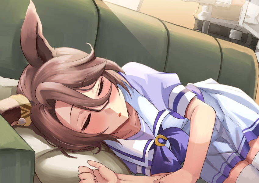 1girl absurdres animal_ears blush bow brown_hair closed_eyes commentary_request couch cowboy_shot hair_between_eyes highres horse_ears horse_girl horse_tail indoors lying narita_taishin_(umamusume) nida_keita on_couch on_side one_eye_closed parted_lips petticoat pillow pleated_skirt puffy_short_sleeves puffy_sleeves purple_bow purple_shirt sailor_collar school_uniform shirt short_hair short_sleeves skirt solo summer_uniform tail thighhighs tracen_school_uniform umamusume white_skirt white_thighhighs