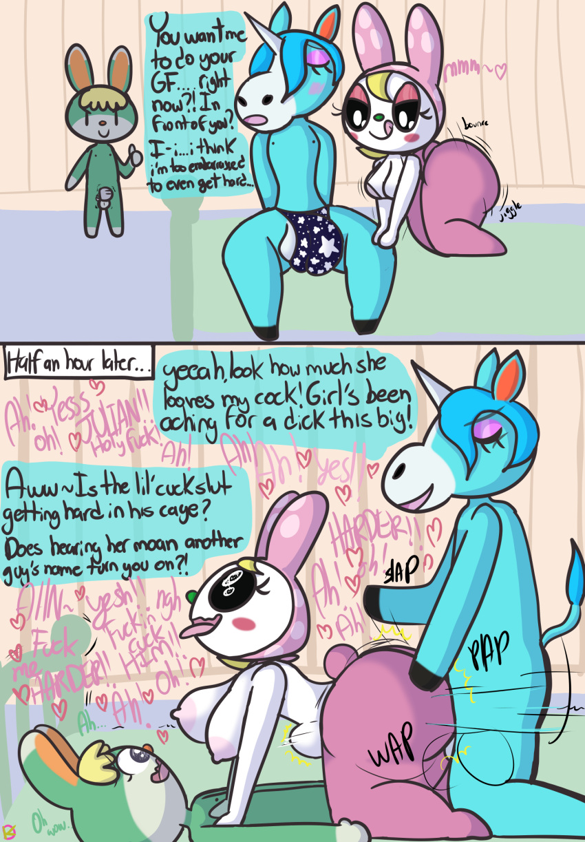 abdominal_bulge animal_crossing anthro aroused aroused_smile barely_contained bedroom_eyes big_breasts big_butt bouncing_breasts breasts bulge butt chastity_cage chastity_device chrissy_(animal_crossing) clothed clothing comic comparing consensual_cuckold cuckold doggystyle english_text equid equine female from_behind_position genitals group half-closed_eyes hi_res horn humiliation julian_(animal_crossing) klutzatdusk lagomorph leporid licking licking_lips looking_pleasured male male/female mammal mostly_nude narrowed_eyes nintendo penis penis_humiliation penis_size_difference rabbit sasha_(animal_crossing) seductive sex size_difference skimpy small_penis_humiliation text thong tongue tongue_out trio underwear unicorn