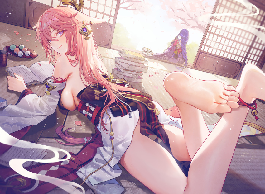 2girls animal_ears bare_shoulders barefoot book braid braided_ponytail breasts cherry_blossoms commentary_request dango detached_sleeves earrings food foreshortening fox_ears genshin_impact hair_between_eyes hair_ornament highres japanese_clothes jewelry kimono legs lino_chang long_hair long_sleeves looking_at_viewer looking_back lying medium_breasts multiple_girls nontraditional_miko on_stomach open_book pink_hair purple_eyes purple_hair purple_kimono raiden_shogun sideboob sidelocks smile soles thighs toes very_long_hair wagashi yae_miko