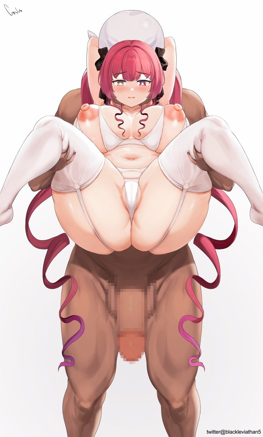 1boy 1girl absurdres bangs black_ribbon blush breasts censored dark-skinned_male dark_skin folded garter_straps hetero heterochromia highres hololive houshou_marine large_breasts large_penis long_hair mosaic_censoring navel nipple_cutout nippleless_clothes nipples open_mouth panties penis red_eyes red_hair riba ribbon solo_focus testicles thighhighs twintails underwear virtual_youtuber white_panties white_thighhighs yellow_eyes