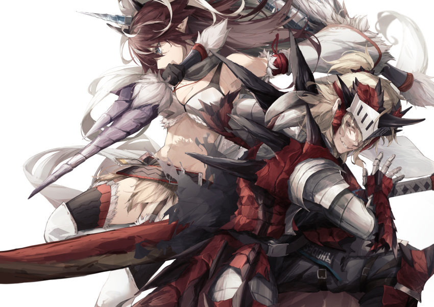 1boy 1girl ankoro_mochi arknights armor black_gloves blonde_hair blue_eyes brown_hair detached_sleeves dual_wielding fake_horns garter_straps gauntlets gloves grey_eyes highres holding horned_headwear horns kirin_(armor) kirin_r_yato_(arknights) long_hair long_sword midriff noir_corne_(arknights) pointy_ears rathalos_(armor) rathalos_s_noir_corne_(arknights) reverse_grip shoulder_spikes spikes thighhighs visor_(armor) white_background yato_(arknights)