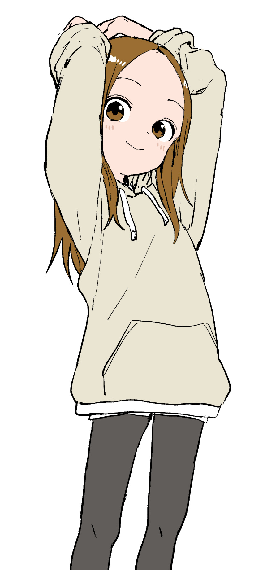 1girl absurdres arms_up black_pantyhose blush brown_eyes brown_hair brown_hoodie closed_mouth commentary_request drawstring forehead highres hood hood_down hoodie karakai_jouzu_no_takagi-san long_hair long_sleeves looking_at_viewer pantyhose pantyhose_under_shorts short_shorts shorts simple_background smile solo takagi-san white_background white_shorts yamamoto_souichirou