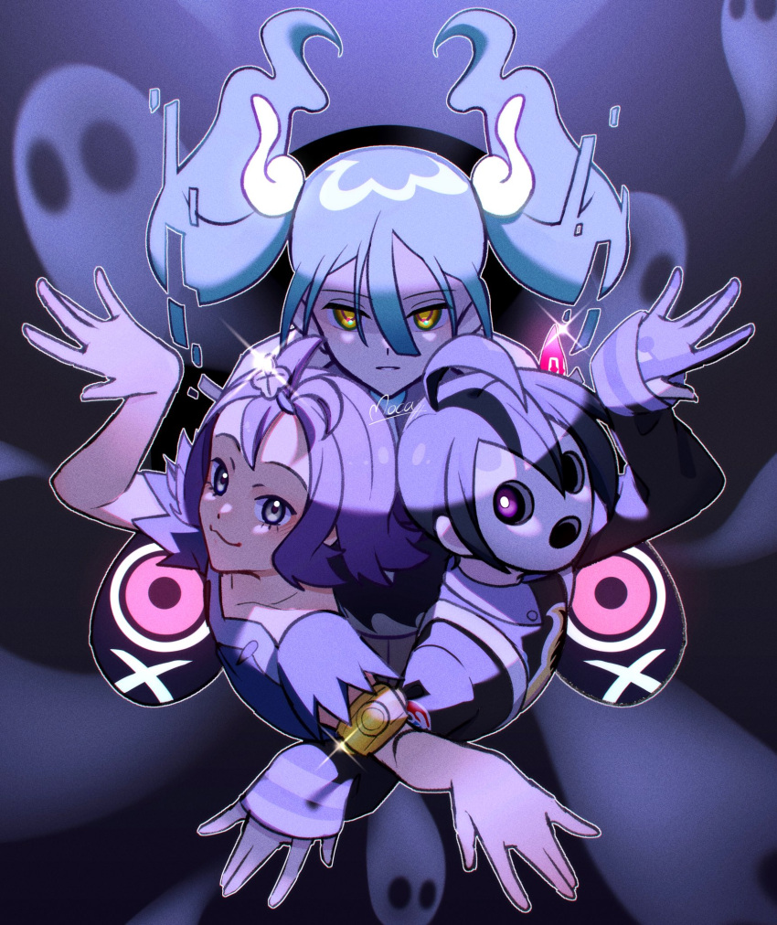 1boy 2girls acerola_(pokemon) ahoge allister_(pokemon) armlet black_hair bright_pupils closed_mouth collared_shirt commentary_request dress eyelashes floating_hair ghost_miku_(project_voltage) glint gloves grey_eyes hair_between_eyes hair_ornament hairclip hatsune_miku highres long_hair long_sleeves looking_up mask mocacoffee_1001 multiple_girls partially_fingerless_gloves pokemon pokemon_(game) pokemon_sm pokemon_swsh project_voltage purple_eyes purple_hair shirt short_hair short_sleeves signature single_glove smile suspenders topknot torn_clothes torn_dress twintails vocaloid white_pupils
