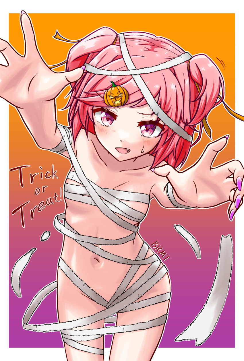 1girl absurdres bandages breasts broly_matsumoto collarbone doki_doki_literature_club english_text food-themed_hair_ornament gradient_background hair_ornament highres looking_at_viewer nail_polish naked_bandage natsuki_(doki_doki_literature_club) navel pink_eyes pink_hair pumpkin_hair_ornament short_hair short_twintails small_breasts sweatdrop trick_or_treat twintails