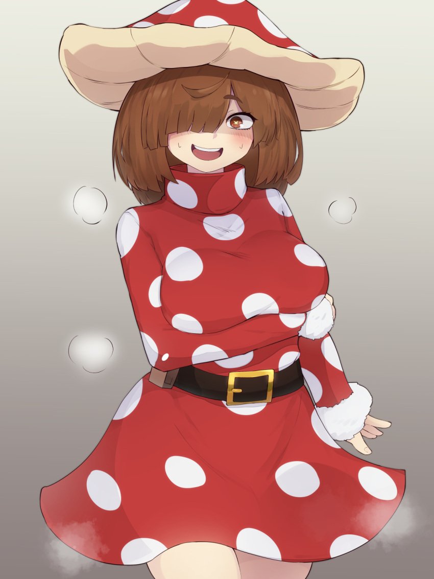 1girl :d blush boku_no_hero_academia brown_eyes brown_hair dress fur-trimmed_sleeves fur_trim hair_over_one_eye highres komori_kinoko medium_hair mushroom_girl mushroom_hat mushroom_on_head open_mouth polka_dot polka_dot_dress polka_dot_headwear red_dress smile solo sweatdrop symbol-shaped_pupils x-shaped_pupils yonaga_san