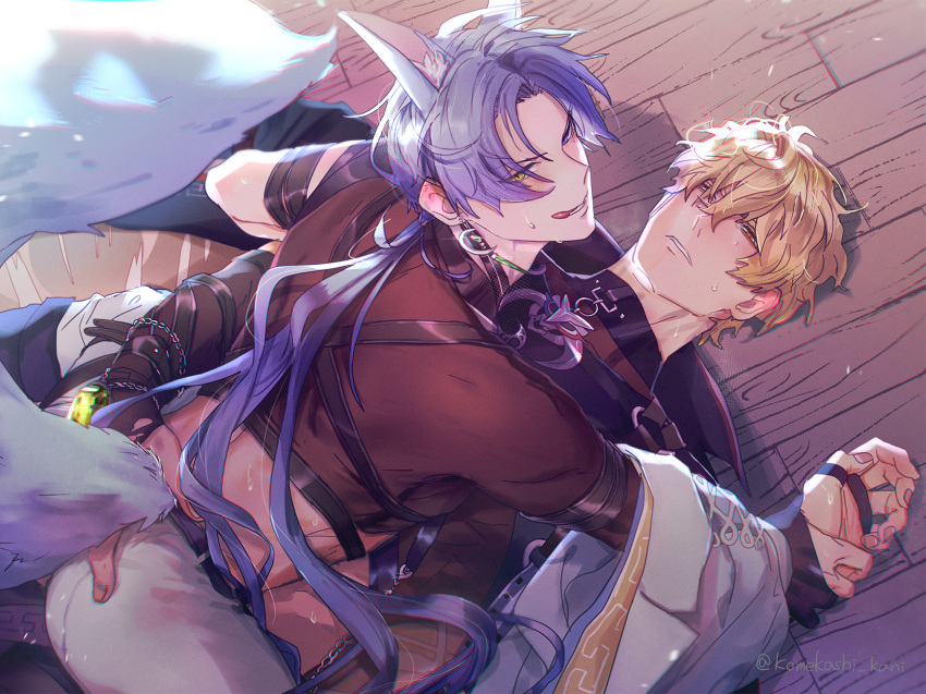 2boys animal_ears ass_grab bags_under_eyes bishounen black_gloves blonde_hair blush fox_boy fox_ears fox_tail gloves heterochromia highres komekashi_kani kuya_(nu_carnival) long_hair long_sleeves looking_at_viewer male_focus mole mole_under_eye multiple_boys muscular muscular_male nu_carnival off_shoulder official_alternate_costume official_alternate_hairstyle orange_eyes purple_eyes purple_hair purple_tail quincy_(nu_carnival) short_hair smile tail yaoi yellow_eyes yellow_gemstone