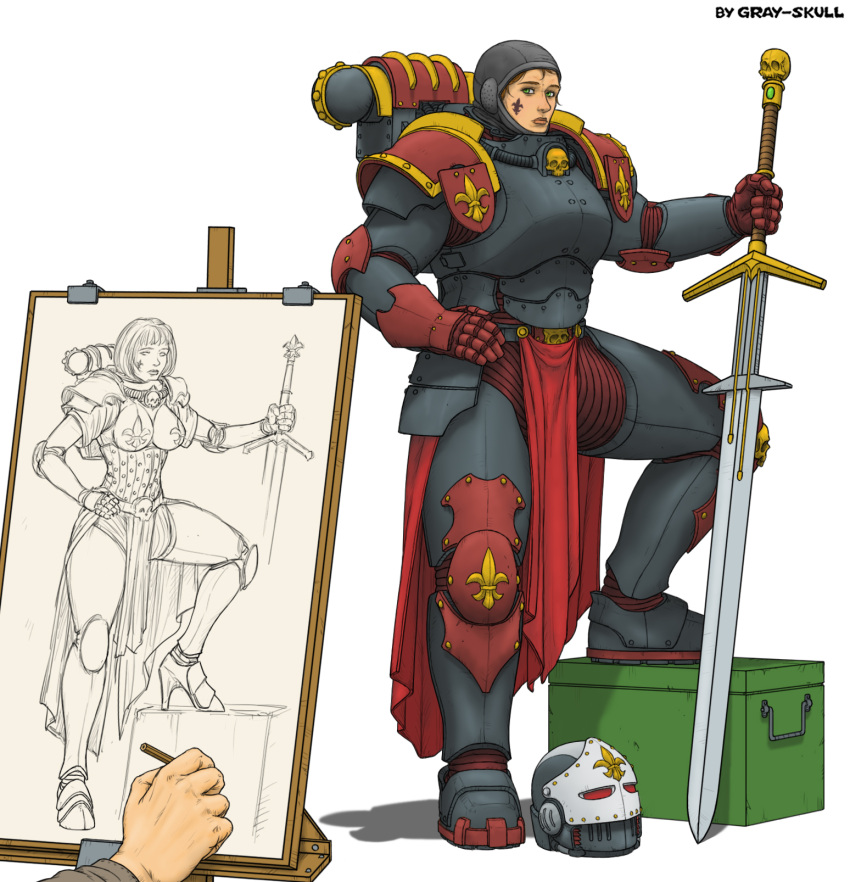 1girl adepta_sororitas ammunition_box boobplate character_portrait coif corset facial_tattoo fleur-de-lis gray-skull greatsword green_eyes helmet high_heels highres holding holding_sword holding_weapon loincloth looking_at_another orange_hair portrait portrait_(object) power_armor rondel short_hair sketch skirt skull solo sword tattoo warhammer_40k weapon white_background