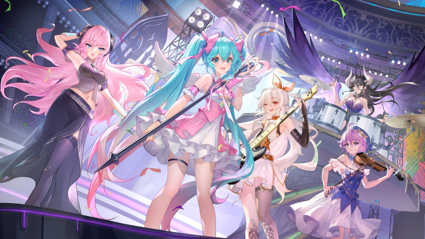 5girls :d :o ;d arm_strap armpits black_gloves black_hair black_skirt black_sleeves blue_eyes blue_hair blue_headwear blue_nails bow breasts bridal_gauntlets character_request cleavage detached_collar detached_sleeves dress floating_hair gloves grey_thighhighs hair_bow hatsune_miku headphones highres holding holding_instrument holding_microphone horns idol instrument large_breasts layered_dress long_hair long_skirt long_sleeves looking_at_viewer megurine_luka microphone microphone_stand midriff multiple_girls music nail_polish navel off_shoulder one_eye_closed open_mouth orange_bow orange_eyes orry outstretched_arm pink_bow pink_hair playing_instrument purple_wings short_dress short_hair side_slit single_thighhigh skirt sleeveless sleeveless_dress smile stage standing stomach thigh_strap thighhighs twintails underbust very_long_hair violin vocaloid white_dress white_hair white_skirt wings