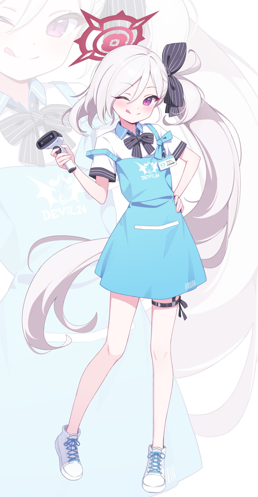 1girl ;q absurdres apron black_bow black_bowtie blue_apron blue_archive bow bowtie cosplay cross-laced_footwear deadnooodles full_body grey_hair hair_between_eyes hair_bow halo hand_on_own_hip highres long_hair looking_at_viewer mutsuki_(blue_archive) one_eye_closed purple_eyes red_halo shirt shoes short_sleeves side_ponytail solo sora_(blue_archive) sora_(blue_archive)_(cosplay) standing striped striped_bow tongue tongue_out very_long_hair white_footwear white_shirt zoom_layer