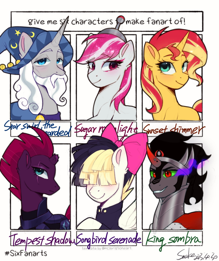 2023 accessory armor beard black_hair black_mane blonde_hair blonde_mane blue_eyes bow_ribbon broken_horn clothing crown digital_media_(artwork) earth_pony english_text equestria_girls equid equine eye_scar facial_hair facial_scar fangs female feral friendship_is_magic fur green_eyes green_sclera grey_body grey_fur group hair hair_accessory hair_bow hair_over_eyes hair_ribbon hasbro hat headgear headwear hi_res horn horse king_sombra_(mlp) male mammal mane meme mlp_g5 multicolored_hair multicolored_mane my_little_pony my_little_pony:_the_movie_(2017) orange_body orange_fur pegasus pink_eyes pink_hair pink_mane pony purple_body purple_fur red_eyes red_hair red_mane ribbons scar six_fanarts_challenge smile songbird_serenade_(mlp) starswirl_the_bearded_(mlp) sugar_moonlight_(mlp) sunset_shimmer_(eg) teeth tempest_shadow_(mlp) text two_tone_hair two_tone_mane unicorn white_body white_fur wings wizard_hat xiaowu07 yellow_body yellow_fur