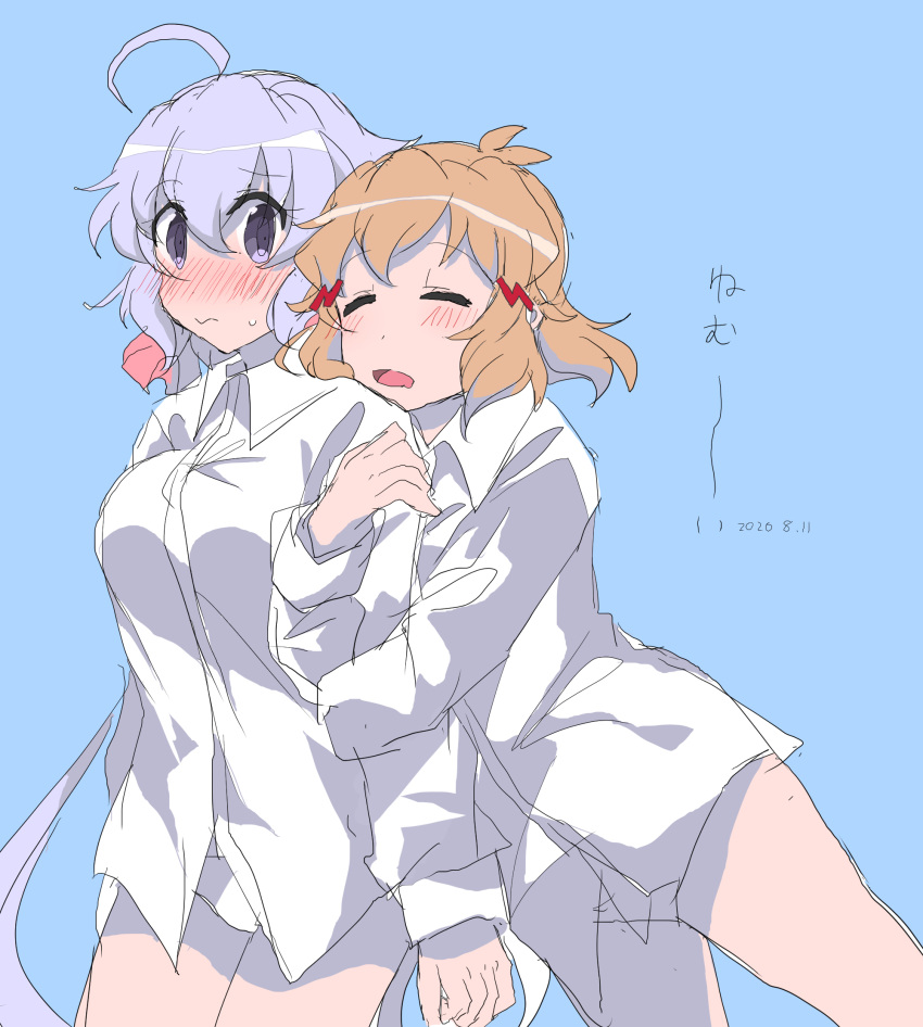 2girls :s ahoge arm_hug blonde_hair blue_background blush breasts closed_eyes commentary_request cowboy_shot dress_shirt hair_between_eyes highres long_hair long_sleeves medium_breasts multiple_girls no_pants purple_eyes purple_hair senki_zesshou_symphogear shirt short_hair sketch sleepy sweatdrop tachibana_hibiki_(symphogear) takatisakana thighs very_long_hair white_shirt yukine_chris