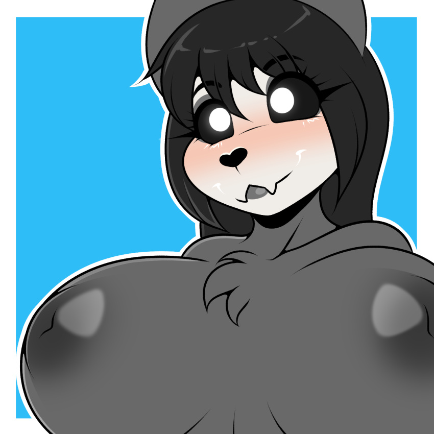 areola big_breasts black_hair blush bone breasts bust_portrait chest_tuft fangs fur grey_body grey_fur hair hi_res kloudmutt nipples portrait scp-1471 scp-1471-a scp_foundation skull skull_head solo teeth tuft