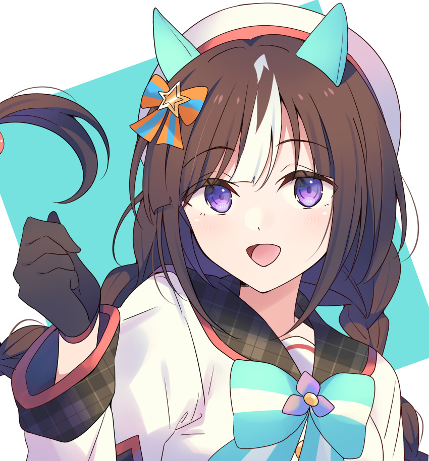 1girl :d absurdres animal_ears bangs black_gloves blunt_bangs bow bowtie braid brown_hair clenched_hand ear_covers gloves hair_bow hat highres hokko_tarumae_(umamusume) horse_ears horse_girl jacket long_hair looking_at_viewer multicolored_hair purple_eyes sailor_hat smile solo streaked_hair twin_braids two-tone_hair umamusume upper_body white_hair white_headwear white_jacket yukichi_(eikichi)