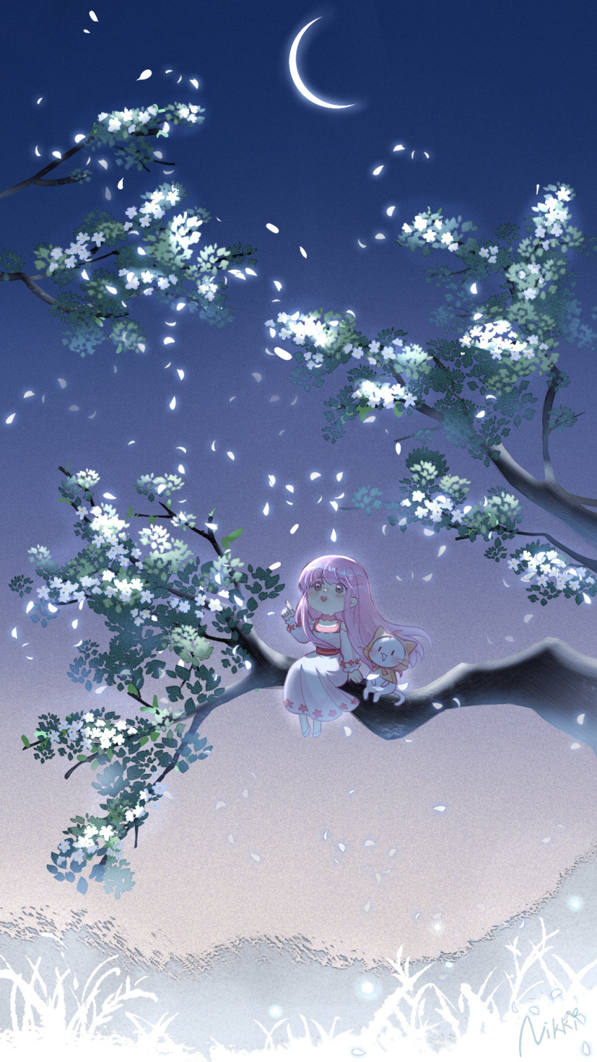 1girl blush brown_eyes cat character_name copyright_name crescent_moon dress english_commentary falling_petals fireflies flower highres long_hair looking_up momo_(miracle_nikki) moon moonlight night night_sky nikki_(miracle_nikki) official_art petals pink_dress pink_hair plant pointing pointing_up shining_nikki sitting_on_branch sky white_footwear wind