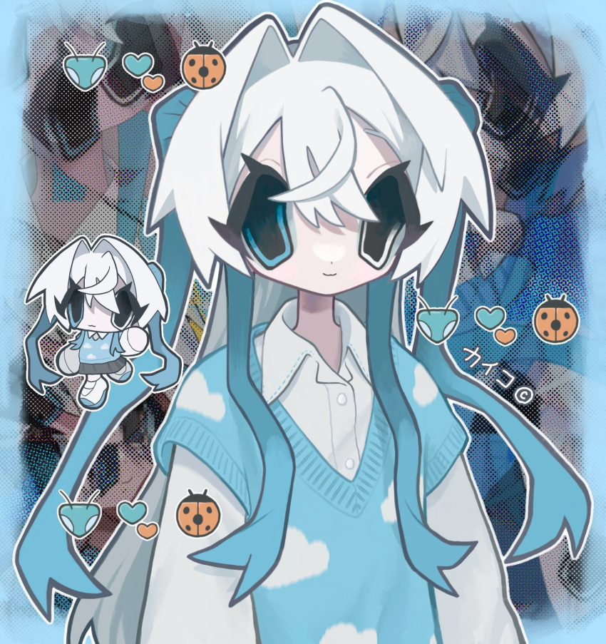 1girl arms_at_sides blue_border blue_eyes blue_hair blue_sweater border bug buttons chibi chibi_inset closed_mouth cloud_print collared_shirt commentary emoji flat_chest hair_between_eyes hair_intakes halftone heart heterochromia highres ladybug layered_sleeves light_blue_hair long_hair long_sleeves looking_at_viewer momose_kikuka multicolored_hair multiple_views original outline outside_border shirt short-sleeved_sweater short_over_long_sleeves short_sleeves smile solo_focus sweater symbol-only_commentary two_side_up upper_body v-neck white_eyes white_hair white_outline white_shirt