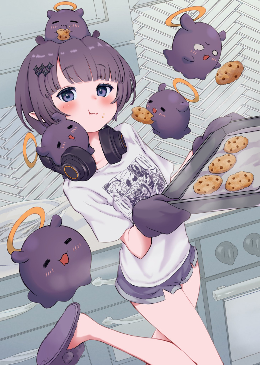 1girl =_= animal_on_head blunt_bangs blush cookie dutch_angle eating english_commentary food food_on_face hair_ornament halo hatanaka_marie headphones headphones_around_neck highres holding holding_tray hololive hololive_english indoors kitchen looking_at_viewer mole mole_under_eye ninomae_ina'nis ninomae_ina'nis_(5th_costume) on_head oven_mitts purple_eyes purple_hair shirt short_hair slippers standing standing_on_one_leg stove takodachi_(ninomae_ina'nis) tray virtual_youtuber white_shirt