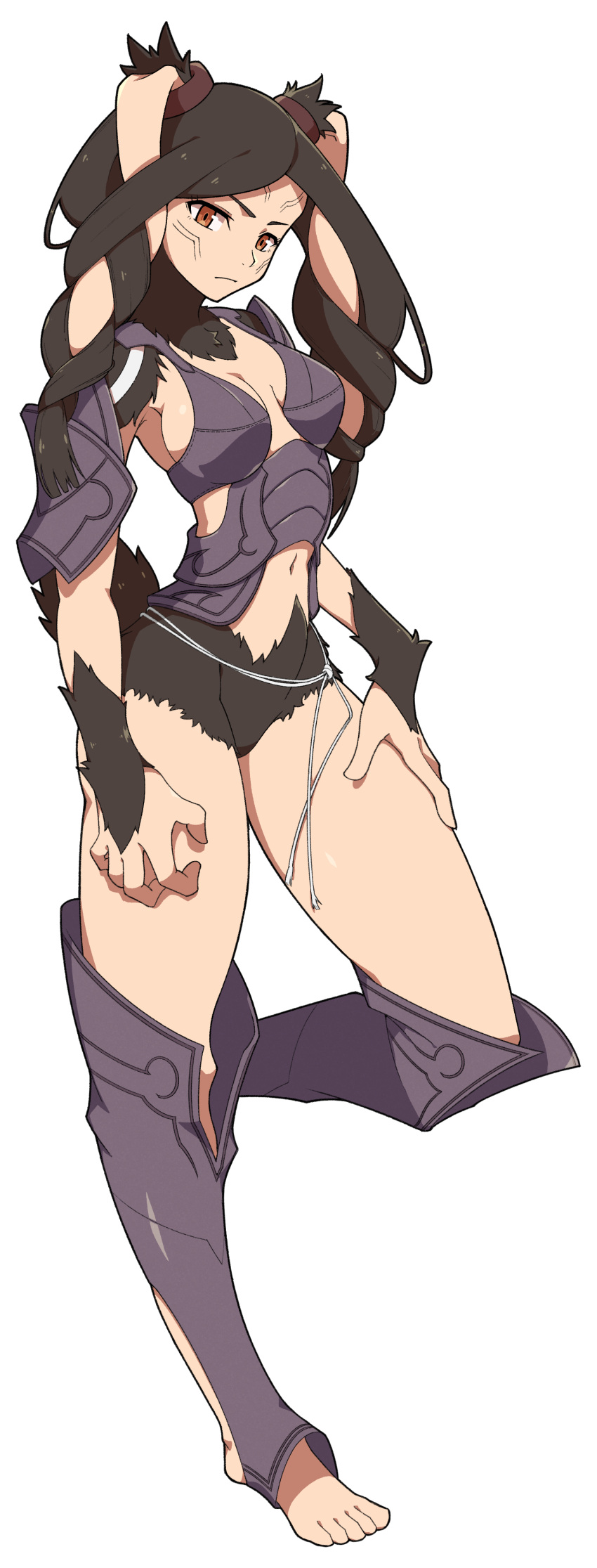 1girl absurdres armor barefoot bikini_armor black_fur body_fur braid breasts breasts_apart brown_eyes fire_emblem fire_emblem_awakening floppy_ears frown hand_on_own_thigh head_tilt highres long_hair looking_at_viewer medium_breasts navel panne_(fire_emblem) rabbit_tail sasaki_sue solo taguel tail twin_braids very_long_hair white_background