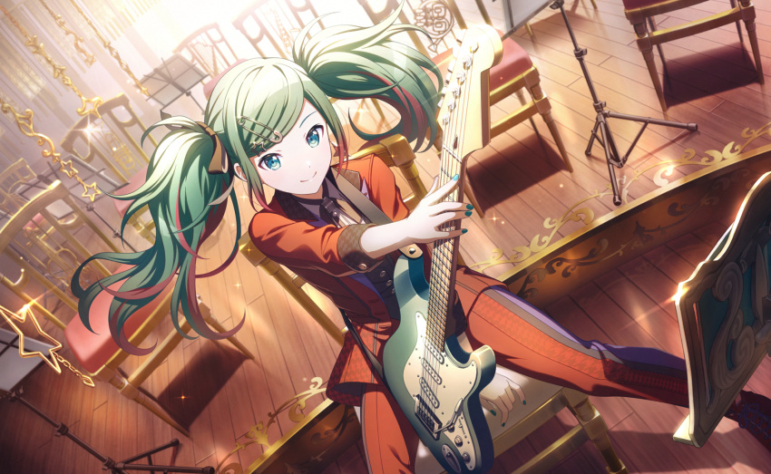 1girl aqua_eyes aqua_nails backlighting between_legs black_ribbon black_vest blazer buttons chair closed_mouth colored_tips colorful_palette dot_nose dutch_angle electric_guitar fingernails fisheye floor foot_out_of_frame glint green_hair guitar hair_ornament hair_ribbon hairclip hand_between_legs hatsune_miku highres holding holding_instrument instrument jacket lapels leo/need_(project_sekai) leo/need_miku light light_particles little_bravers!_(project_sekai) looking_at_viewer multicolored_hair music_stand neck_ribbon official_art on_chair open_clothes open_jacket outstretched_arm pants paperclip_hair_ornament pink_hair project_sekai purple_pants red_footwear red_jacket red_pants reflection reflective_floor ribbon shadow sheet_music shoelaces shoes sidelocks sitting smile solo sparkle spread_legs stage star_(symbol) star_hair_ornament streaked_hair striped striped_pants swept_bangs third-party_source tsurime twintails two-tone_hair two-tone_pants vanishing_point vest vocaloid wooden_floor