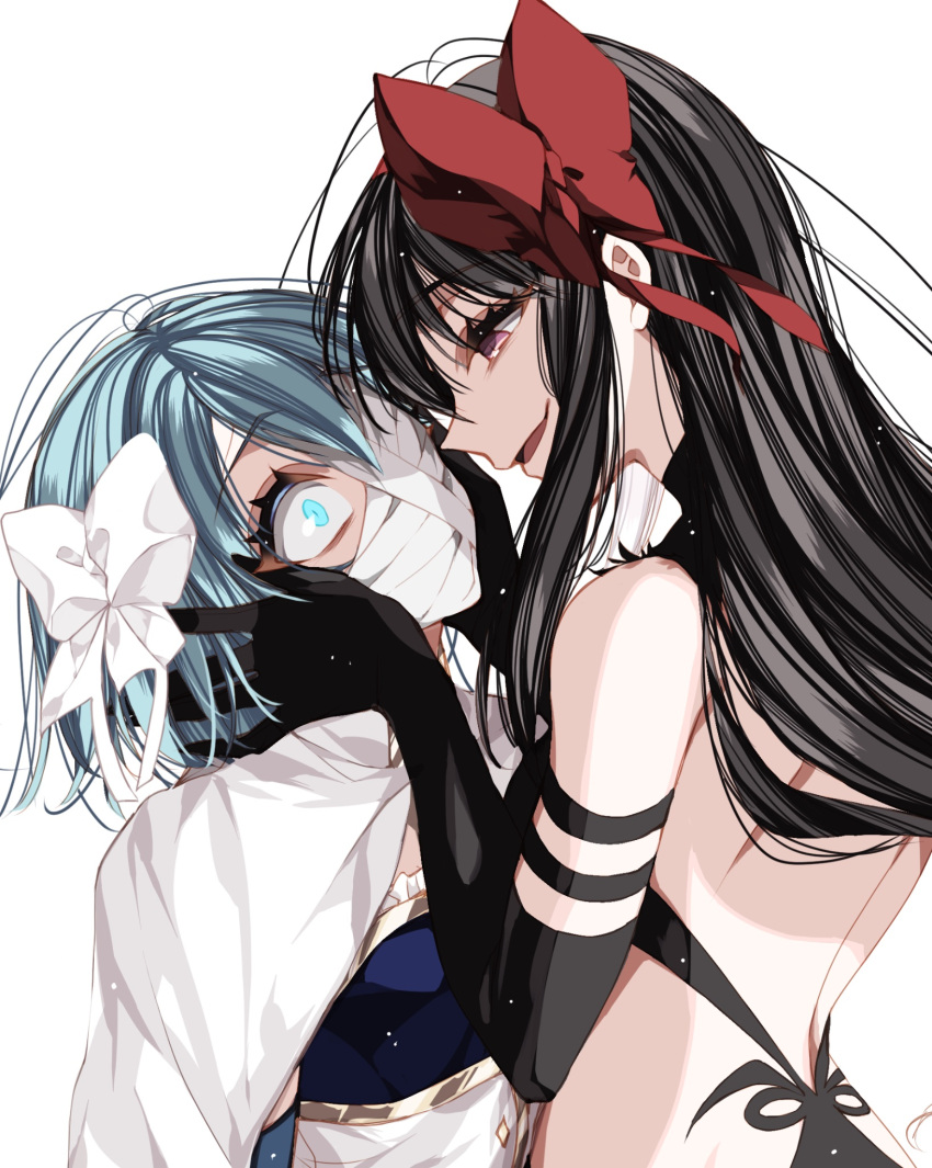 2girls akemi_homura akuma_homura backless_dress backless_outfit bare_back bare_shoulders black_gloves black_hair blue_eyes blue_hair bow cape detached_sleeves dilated_pupils dress elbow_gloves eye_contact from_side gloves hair_between_eyes hair_bow hair_ornament hair_ribbon hairband hands_on_another's_cheeks hands_on_another's_face highres light_particles long_hair looking_at_another magical_girl mahou_shoujo_madoka_magica mahou_shoujo_madoka_magica:_hangyaku_no_monogatari miki_sayaka mind_control misteor multiple_girls open_mouth purple_eyes red_bow red_ribbon ribbon short_hair shoulder_blades simple_background skirt smile very_long_hair white_background white_bow white_cape white_ribbon yuri