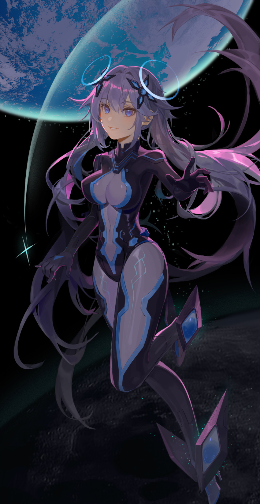 1girl absurdres blue_eyes blush bodysuit breasts commission full_body hair_between_eyes headgear highres long_hair looking_at_viewer neptune_(series) next_purple power_symbol purple_hair purple_heart skin_tight smile solo space symbol-shaped_pupils very_long_hair