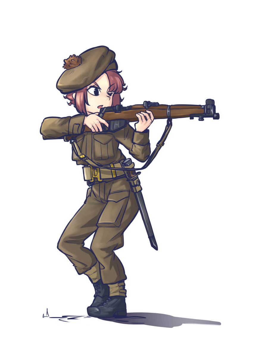 1girl absurdres aiming bayonet belt beret black_footwear blunt_ends bolt_action boots breast_pocket british_army brown_hair brown_headwear brown_jacket brown_pants commentary finger_on_trigger gaiters gun gun_sling hat hat_ornament highres holding holding_gun holding_weapon jacket lee-enfield long_sleeves looking_to_the_side military military_hat military_uniform original pants pocket pom_pom_(clothes) rifle shadow sheath sheathed short_hair sidelocks simple_background soldier solo standing uniform united_kingdom warriordesu weapon white_background world_war_ii