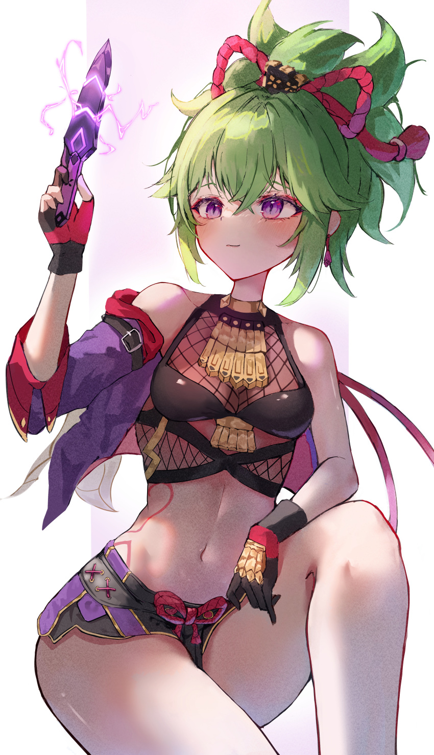 1girl absurdres black_gloves black_shorts bow breasts cleavage commentary_request dagger earrings facing_away fishnet_fabric genshin_impact gloves green_hair hair_between_eyes hair_bow hair_ornament highres holding holding_dagger holding_knife holding_weapon jacket japanese_clothes jewelry knee_up knife kuki_shinobu kunai long_hair long_sleeves looking_away looking_up navel ninja open_clothes open_jacket ponytail purple_eyes purple_jacket rope shimenawa shiriaru_(jjonaeng) short_shorts shorts sidelocks simple_background smile solo stomach weapon white_background