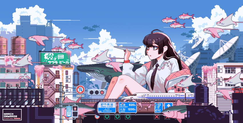 1girl air_conditioner animal antenna_hair artist_name black_bow black_bowtie black_hair bow bowtie building city cityscape cloud cloudy_sky commentary english_commentary fish giant giantess highres holding holding_paper_airplane instant_onion jacket knees_up long_hair looking_to_the_side original paper_airplane pixel_art radio_antenna road_sign shirt sign sky solo stingray title traffic_light train tuna whale white_jacket white_shirt