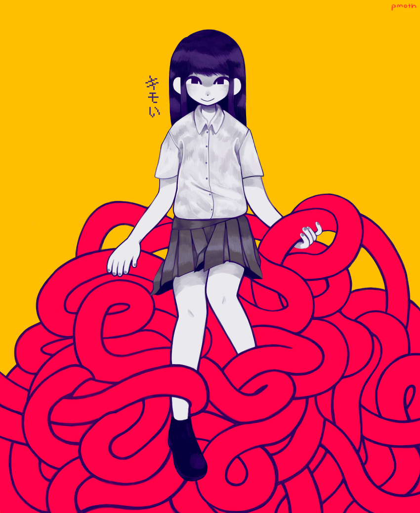 1girl black_footwear black_hair black_skirt blunt_bangs closed_mouth collared_shirt colored_skin empty_eyes english_commentary highres holding long_hair looking_at_viewer monoe pmoth shirt short_sleeves simple_background skirt smile solo surreal tentacles white_shirt white_skin yellow_background yume_nikki