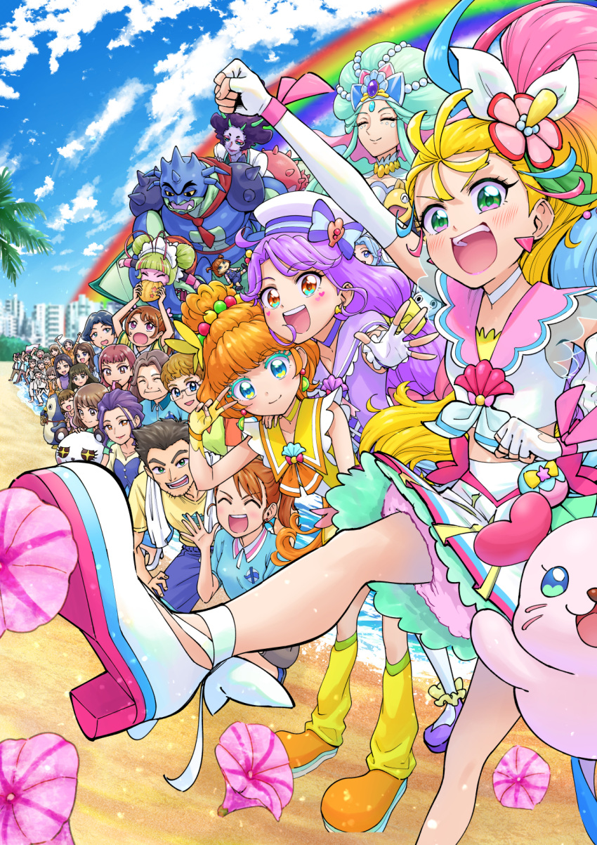 :d arm_up arms_up blonde_hair blue_bow blue_sky blurry blurry_background bow building butterfly_hat_ornament character_request choker chongire clenched_hands closed_eyes cloud cloudy_sky colored_eyelashes commentary crown day depth_of_field doll dress earrings eating elbow_gloves elda_(precure) facial_mark father_and_daughter fingerless_gloves fish food_theft foreshortening glasses gloves hair_bow hair_pulled_back hand_on_another's_shoulder hat hat_ornament heart highres itou_shin'ichi jewelry kneehighs kururun_(precure) leaning_forward leg_up long_hair looking_at_viewer low-tied_long_hair low_twintails mermaid_queen_(precure) miniskirt mother_and_daughter multicolored_eyes natsuumi_aoi natsuumi_taiyou neckerchief numeri_(precure) orange_eyes orange_neckerchief outdoors palm_tree pink_sailor_collar pleated_skirt pouch purple_choker purple_dress purple_footwear purple_hair purple_sailor_collar rainbow raised_fist rectangular_eyewear sailor_collar sailor_hat shell_brooch shoes side_ponytail skirt sky sleeveless sleeveless_dress smile socks squatting standing standing_on_one_leg suzumura_miyuki textless_version towel towel_around_neck tree triangle_earrings twintails v_over_eye waving white_footwear white_gloves white_headwear white_neckerchief white_skirt white_socks yellow_choker yellow_dress yellow_footwear yellow_gloves yellow_sailor_collar yellow_socks