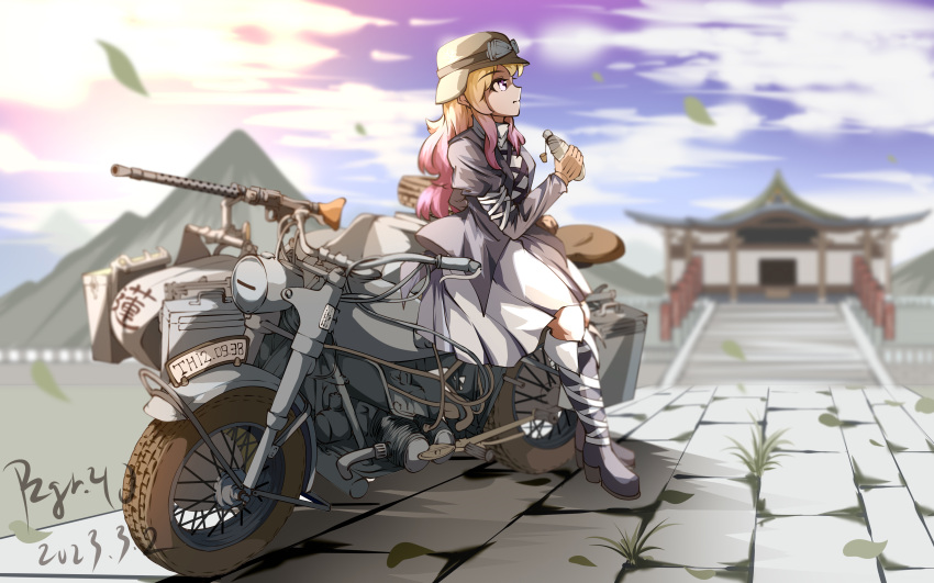 1girl absurdres black_dress black_footwear bmw_r75 brown_hair chinese_commentary closed_mouth cloud commentary_request dated dress from_side full_body gradient_hair highres hijiri_byakuren holding_gourd juliet_sleeves long_hair long_sleeves military motor_vehicle motorcycle mountain multicolored_hair outdoors puffy_sleeves purple_hair pzgr.40 shrine signature sky solo touhou variant_set white_dress yellow_eyes