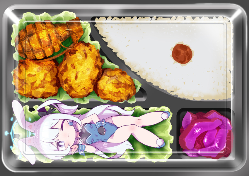 1girl :d animal_ears bare_arms bare_legs bento blue_archive blush bow breasts chaki_(teasets) explosive fake_animal_ears food full_body grenade hand_up highres in_container in_food looking_at_viewer lying medium_breasts mini_person minigirl miyako_(blue_archive) on_back open_mouth pantyhose playboy_bunny rabbit_ears rabbit_tail rice smile solo tail twintails