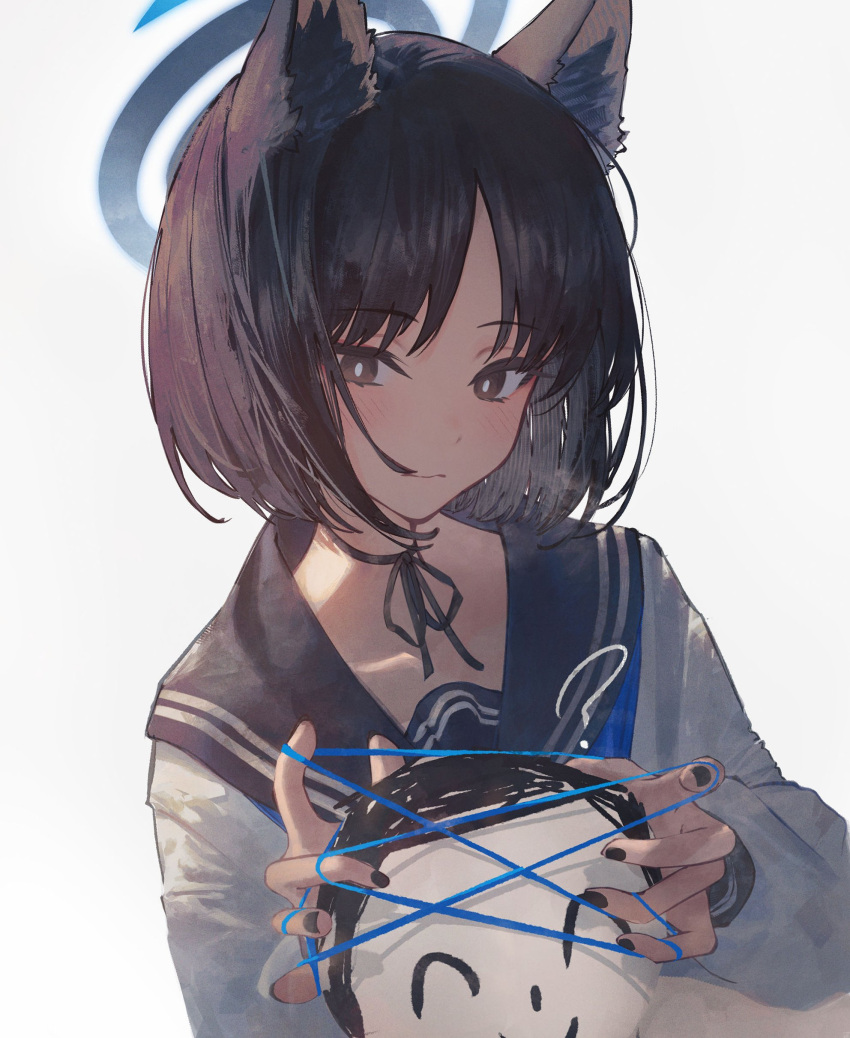 1boy 1girl absurdres animal_ear_fluff animal_ears arona's_sensei_doodle_(blue_archive) betabeet black_eyes black_hair black_nails black_ribbon blue_archive blue_halo blue_neckerchief blue_sailor_collar bright_pupils cat's_cradle cat_ears closed_mouth halo hand_on_another's_head highres kikyou_(blue_archive) long_sleeves nail_polish neck_ribbon neckerchief parted_bangs ribbon sailor_collar sensei_(blue_archive) shirt short_hair simple_background upper_body white_background white_pupils white_shirt