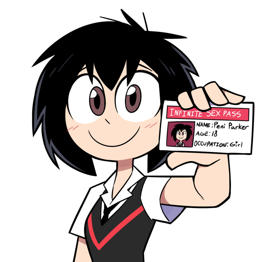 1girl arm_at_side bad_id bad_twitter_id black_hair black_necktie black_sweater_vest blush breasts brown_eyes card closed_mouth dress_shirt hair_between_eyes hand_up highres holding holding_card id_card looking_at_viewer marvel miscon necktie peni_parker school_uniform shirt short_hair short_sleeves simple_background single_horizontal_stripe small_breasts smile solo spider-man:_into_the_spider-verse spider-man_(series) sweater_vest toon_(style) transparent_background upper_body white_shirt