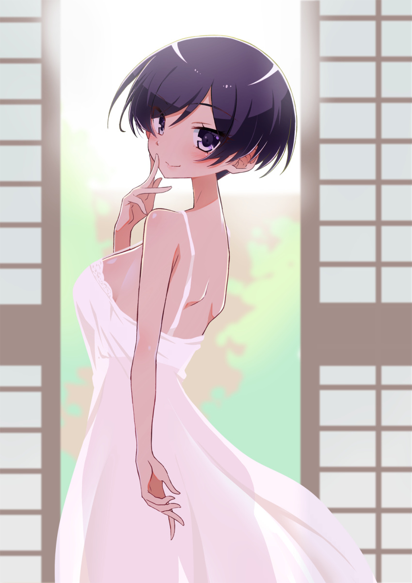 1girl blue_hair blush breasts closed_mouth daikokutei_bunko dark_blue_hair dress fingers_to_cheek from_side hair_between_eyes highres indoors large_breasts looking_at_viewer purple_eyes semi-transparent short_hair shouji sliding_doors smile solo standing uchi_no_shisho_wa_shippo_ga_nai white_dress yuto_(dialique)