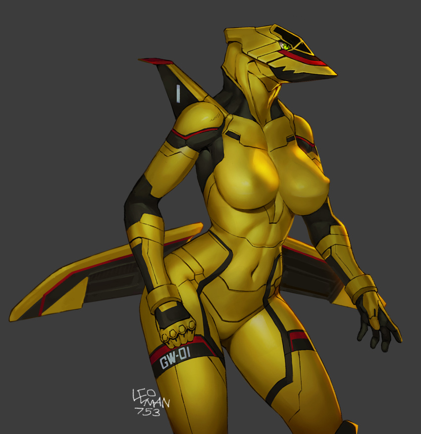 2022 aircraft aircraft_humanoid airplane_humanoid anthro biped breasts english_text female green_eyes grey_background hi_res leoman753 living_aircraft living_airplane living_machine living_vehicle machine navel signature simple_background solo text vehicle wings yellow_body