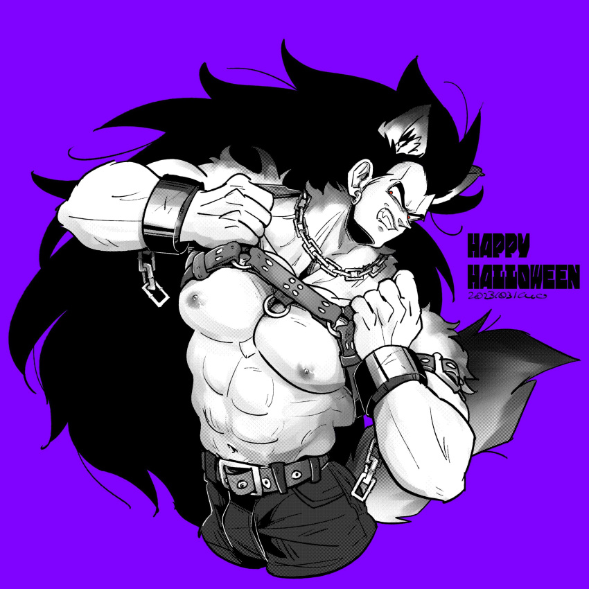 1boy abs absurdres aco_(aco_rz) animal_ears bara black_hair chest_belt cropped_legs dragon_ball dragon_ball_z greyscale_with_colored_background halloween_costume happy_halloween highres large_pectorals leaning_to_the_side long_hair male_focus mature_male muscular muscular_male navel nipples pectorals raditz solo spiked_hair stomach strongman_waist tail thick_eyebrows very_long_hair wolf_boy wolf_ears wolf_tail