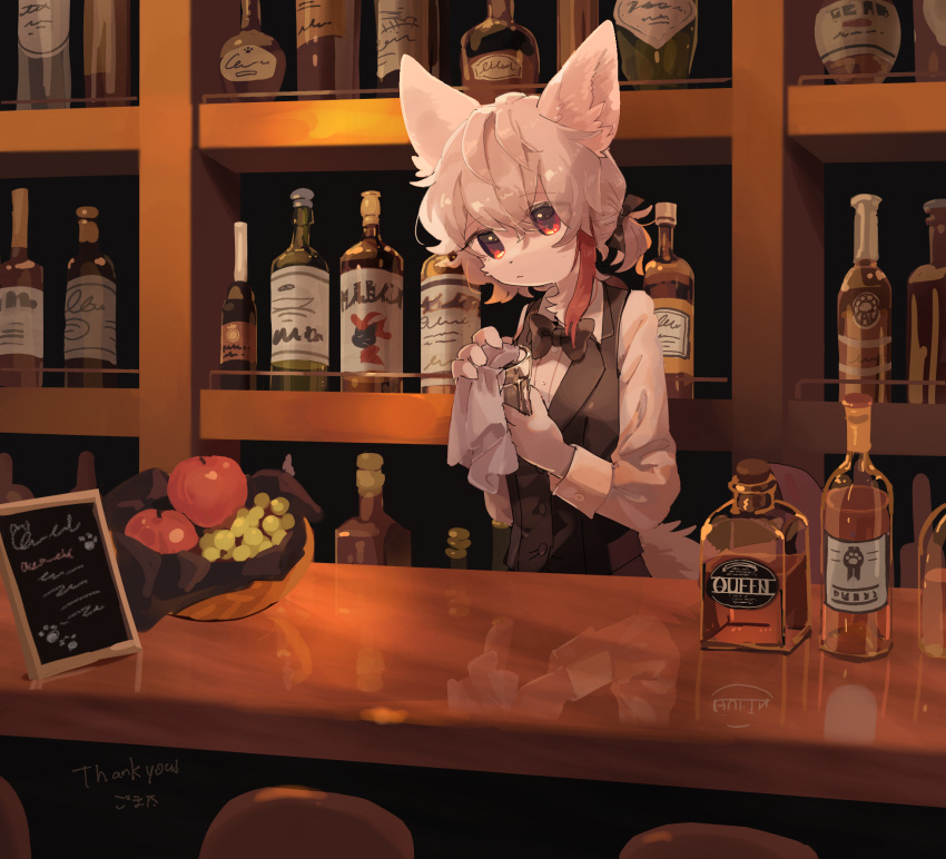 1girl alcohol animal_ears apple bar_(place) bartender black_bow black_bowtie black_suit black_vest body_fur bottle bow bowtie collared_shirt commission counter cup dot_nose drinking_glass expressionless food from_side fruit furry furry_female gomafuto grapes hair_bow handkerchief highres holding holding_cup holding_handkerchief indoors light_brown_hair long_sleeves low_ponytail multicolored_hair original polishing red_eyes red_hair reflective_surface shelf shirt short_hair short_ponytail single_sidelock skeb_commission solo streaked_hair suit two-tone_hair uniform upper_body vest vodka white_fur white_shirt