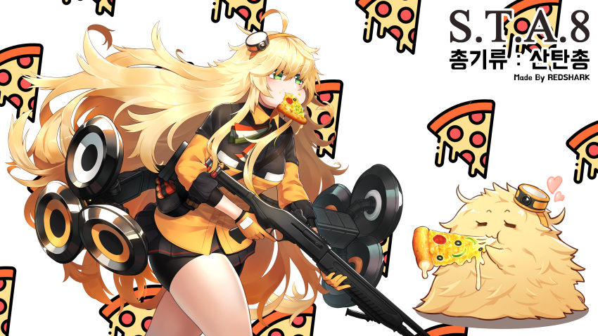 1girl :3 =_= absurdres ahoge artist_name bell_pepper_slice bike_shorts black_gloves black_jacket black_shorts black_skirt blonde_hair blush breasts character_name chibi closed_eyes commentary_request dripping eating fabarm_sat-8 food food-themed_background food_in_mouth food_on_face girls'_frontline gloves green_eyes gun hair_between_eyes hair_ornament hairband heart highres holding holding_gun holding_weapon italian_flag italian_flag_print jacket korean_commentary korean_text large_breasts long_hair long_sleeves messy_hair mixed-language_commentary mouth_hold multicolored_clothes multicolored_jacket neck_ribbon olive orange_gloves orange_hairband orange_jacket partial_commentary pepperoni pizza pizza_background pleated_skirt print_ribbon puffy_cheeks redshark7839 ribbon s.a.t.8_(girls'_frontline) shadow shield shield_module shorts shotgun shotgun_shell simple_background skindentation skirt solo too_much_fluff translation_request trigger_discipline two-sided_gloves two-tone_jacket typo v-shaped_eyebrows very_long_hair weapon white_background