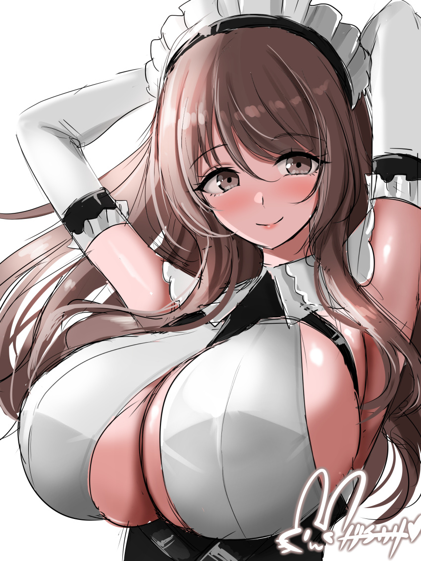 1girl absurdres azur_lane blush breasts charybdis_(azur_lane) clothing_cutout dated gloves grey_eyes grey_hair highres hisin huge_breasts large_breasts long_hair looking_at_viewer maid maid_headdress signature simple_background smile underboob_cutout white_gloves