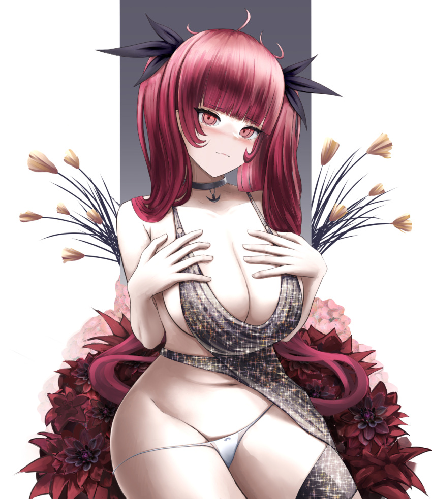 1girl adapted_costume azur_lane backless_dress backless_outfit bare_shoulders black_choker breasts choker cleavage cosplay dress evening_gown flower halter_dress halterneck hands_on_own_chest highres kainines large_breasts long_hair official_alternate_costume panties plunging_neckline red_eyes red_flower red_hair revealing_clothes silver_dress simple_background sitting solo st._louis_(azur_lane) st._louis_(azur_lane)_(cosplay) st._louis_(luxurious_wheels)_(azur_lane) underwear very_long_hair white_panties