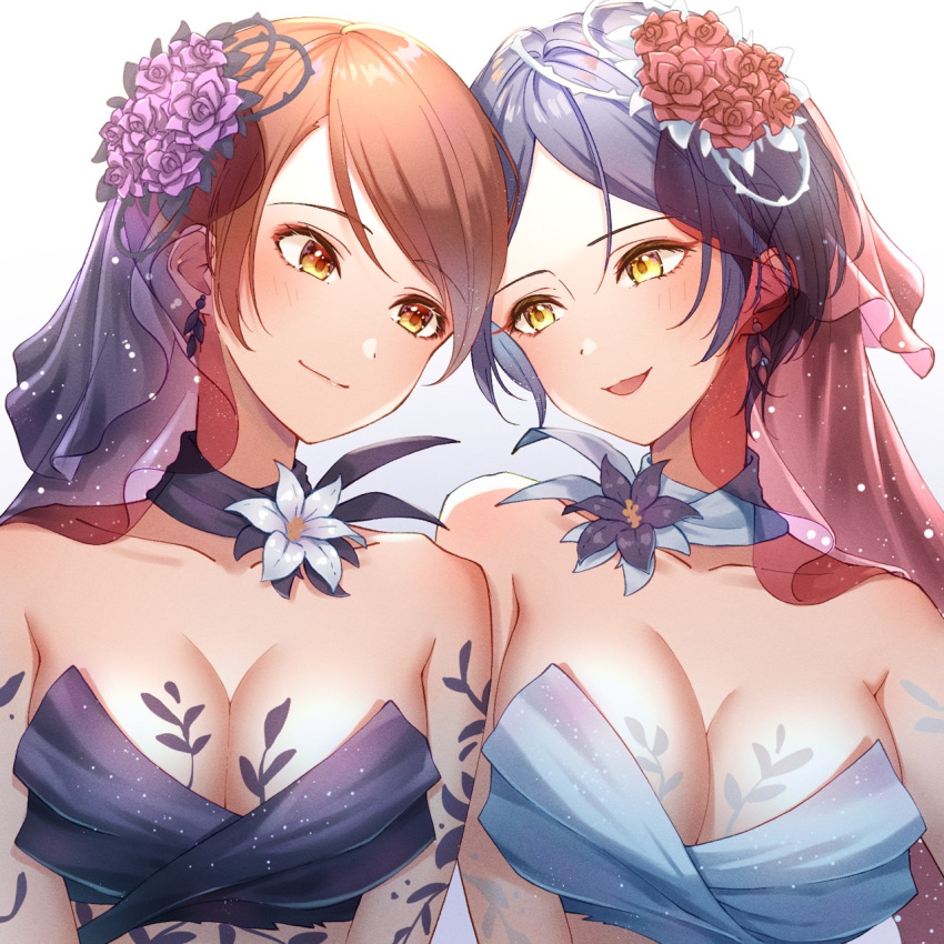 2girls ayn_(ayn_kau) blue_hair blush bodypaint breasts cleavage collarbone dark_blue_hair eye_contact flower hair_flower hair_ornament hayami_kanade highres hojo_karen idolmaster idolmaster_cinderella_girls large_breasts looking_at_another medium_breasts monochrome_lily_(idolmaster) multiple_girls orange_hair parted_bangs rose smile upper_body