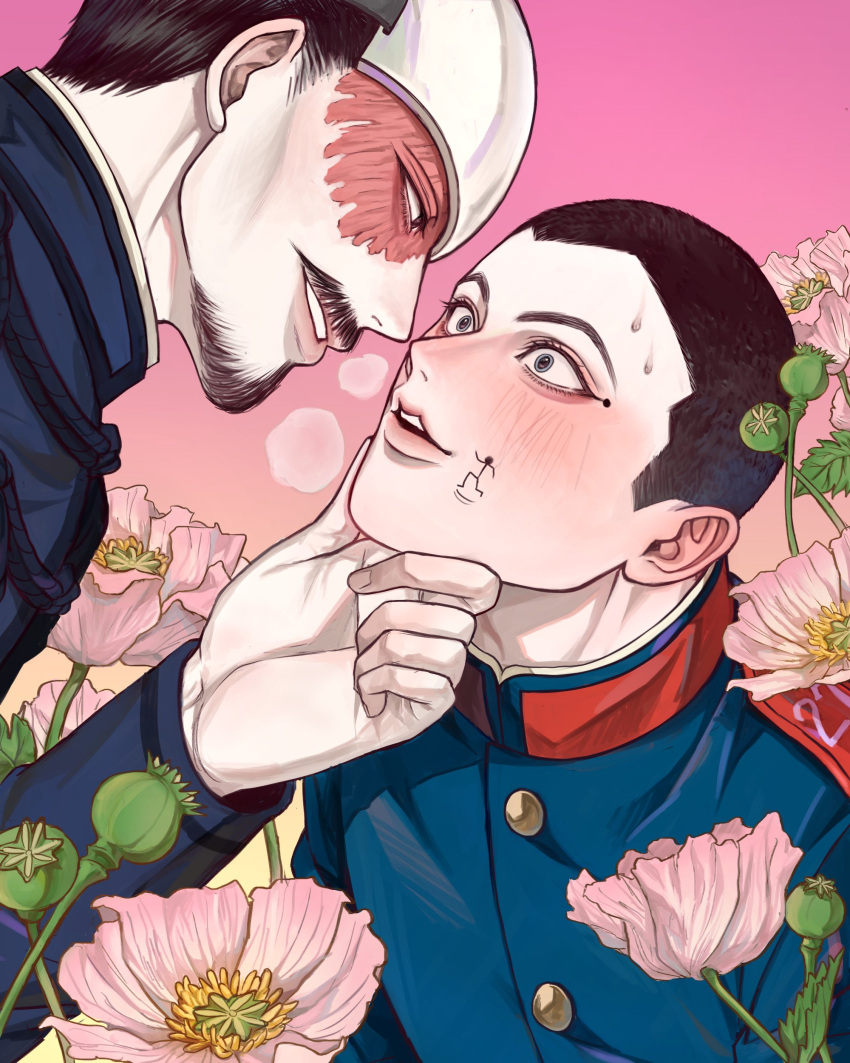 2boys absurdres beard black_hair burn_scar buzz_cut eye_contact facial_hair flower forehead_protector golden_kamuy gradient_background hand_on_another's_chin highres imperial_japanese_army looking_at_another military_uniform multiple_boys mustache panic_0525 pink_background scar scar_on_face short_hair tsurumi_tokushirou uniform upper_body usami_tokishige very_short_hair yaoi