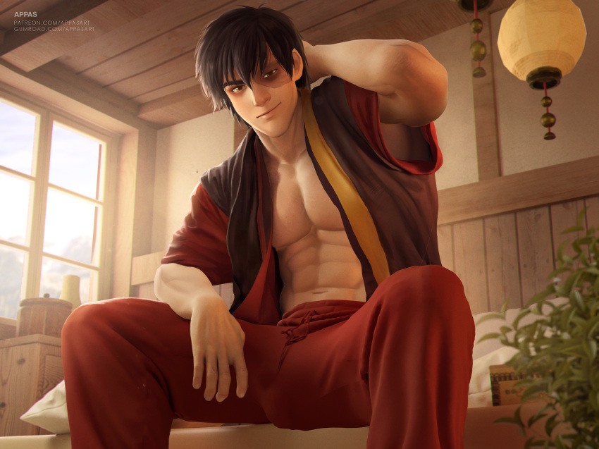 1boy abs absurdres appas artist_name avatar:_the_last_airbender avatar_legends bara black_hair bulge burn_scar closed_mouth gumroad_username highres large_pectorals looking_at_viewer male_focus muscular muscular_male navel nipples open_clothes paid_reward_available pants patreon_username pectorals red_pants scar short_hair sitting smile solo zuko
