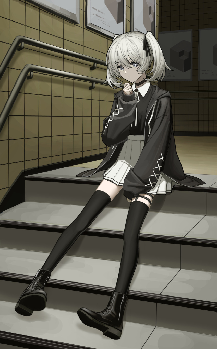 1girl ad black_footwear black_shirt black_thighhighs boots commission grey_hair highres jacket kawara_pigeon open_clothes open_jacket original shirt sitting skirt solo stairs thighhighs twintails white_hair white_skirt