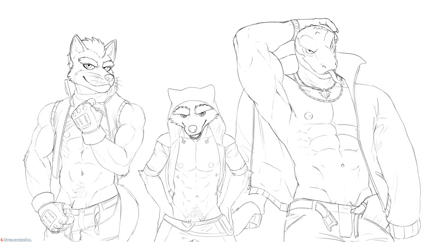 abs anthro barely_visible_genitalia biceps bottomwear canid canine canis clothed clothing epic_games erection fortnite fox fox_mccloud fur genitals gloves group guardians_of_the_galaxy handwear hi_res hood hoodie jacket jewelry komodo_dragon line_art lizard looking_at_viewer male mammal marvel monitor_lizard muscular muscular_anthro muscular_male navel necklace nintendo nipples open_mouth outerwear pants partially_clothed pecs penis pinup pose procyonid pulling_pants_down raccoon reptile ring rocket_raccoon rolled_up_sleeves scales scalie sketch smile spelunker_sal star_fox teasing thunder_(fortnite) tongue topwear trio vest zipper_topwear