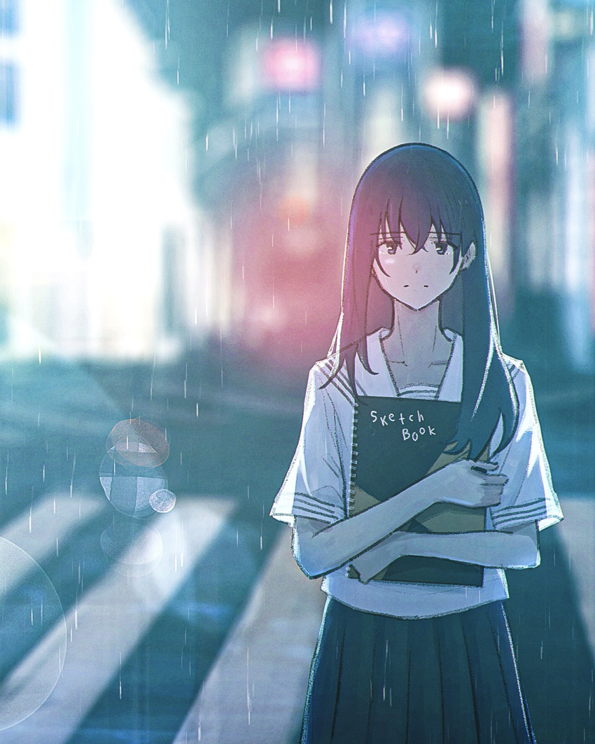 1girl black_skirt city cropped crosswalk highres holding holding_notebook long_hair looking_at_viewer night notebook oka_kojiro original pleated_skirt rain road sailor_collar school_uniform serafuku skirt solo uniform white_sailor_collar white_serafuku