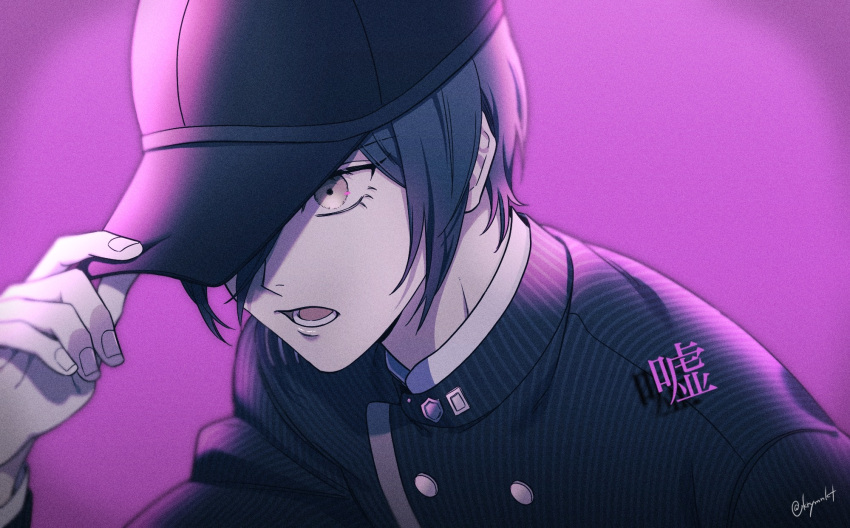 1boy black_headwear black_jacket brown_eyes buttons danganronpa_(series) danganronpa_v3:_killing_harmony double-breasted hand_up highres jacket lower_teeth_only pink_background portrait saihara_shuuichi short_hair signature solo striped striped_jacket teeth tongue translation_request tuzuriya