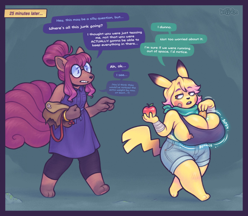 anthro apple areola areola_slip bandage breast_expansion breasts canid canine cleavage cleavage_storage clothed clothing duo expansion eyewear fan_character female food fox fruit game_freak generation_1_pokemon glasses hi_res highlights_(coloring) keffotin mammal mouse murid murine nintendo oblivious pikachu plant pokemon pokemon_(species) pokemon_mystery_dungeon rodent slightly_chubby tail torn_bag torn_clothing vulpix